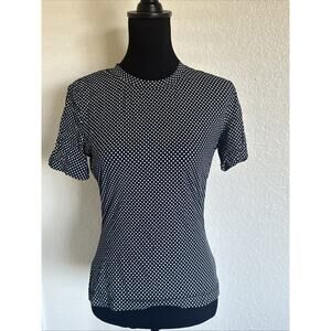 St. John Blouse Top Womens S Shirt Navy White Polka Dot Stretch Short Sleeve